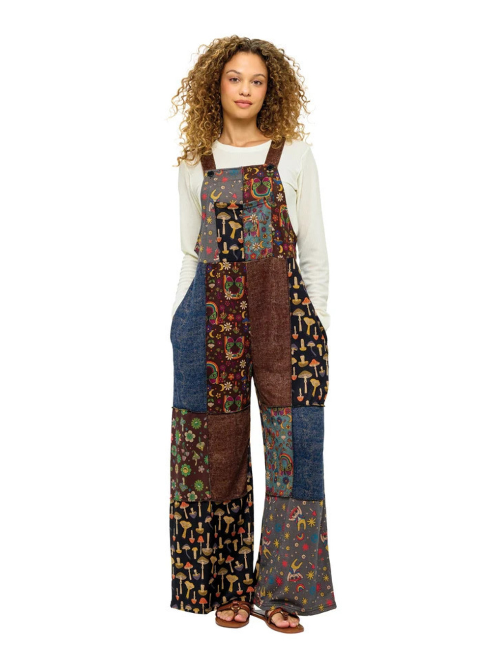 26815 | Yak & Yeti Boho Patchwork Mushroom Rainbow Prnt Overalls | Size S/M-L/XL